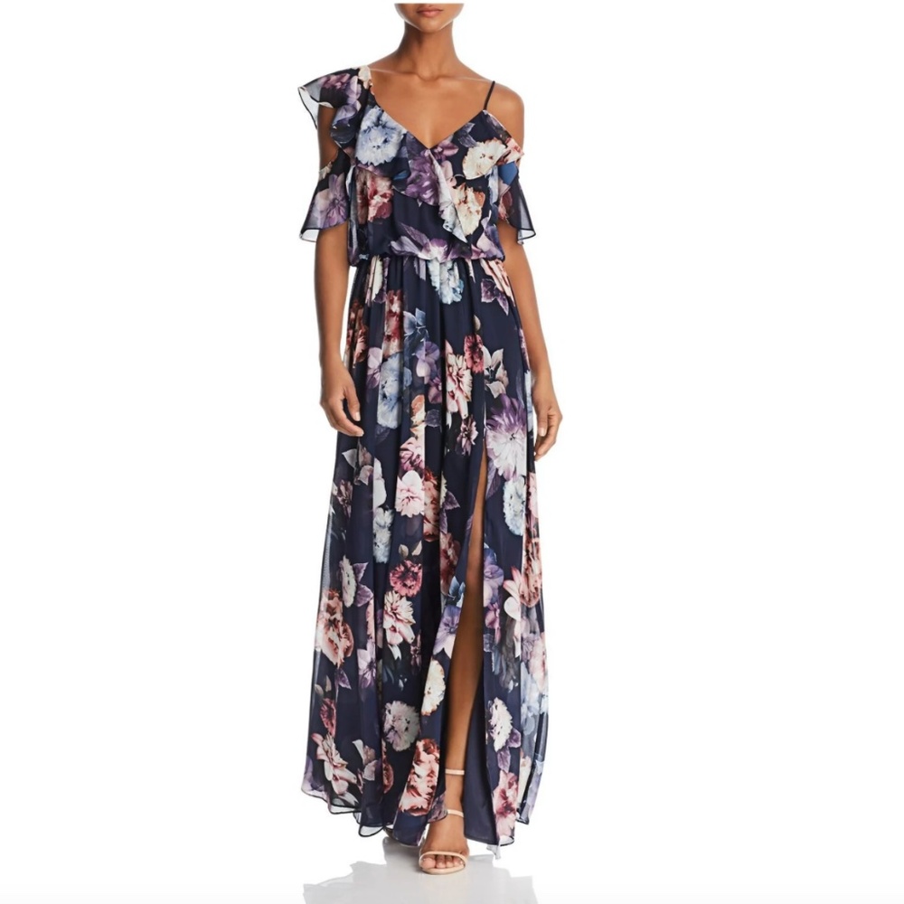 Aqua - Floral Cold Shoulder Asymmetrical Floral Dress